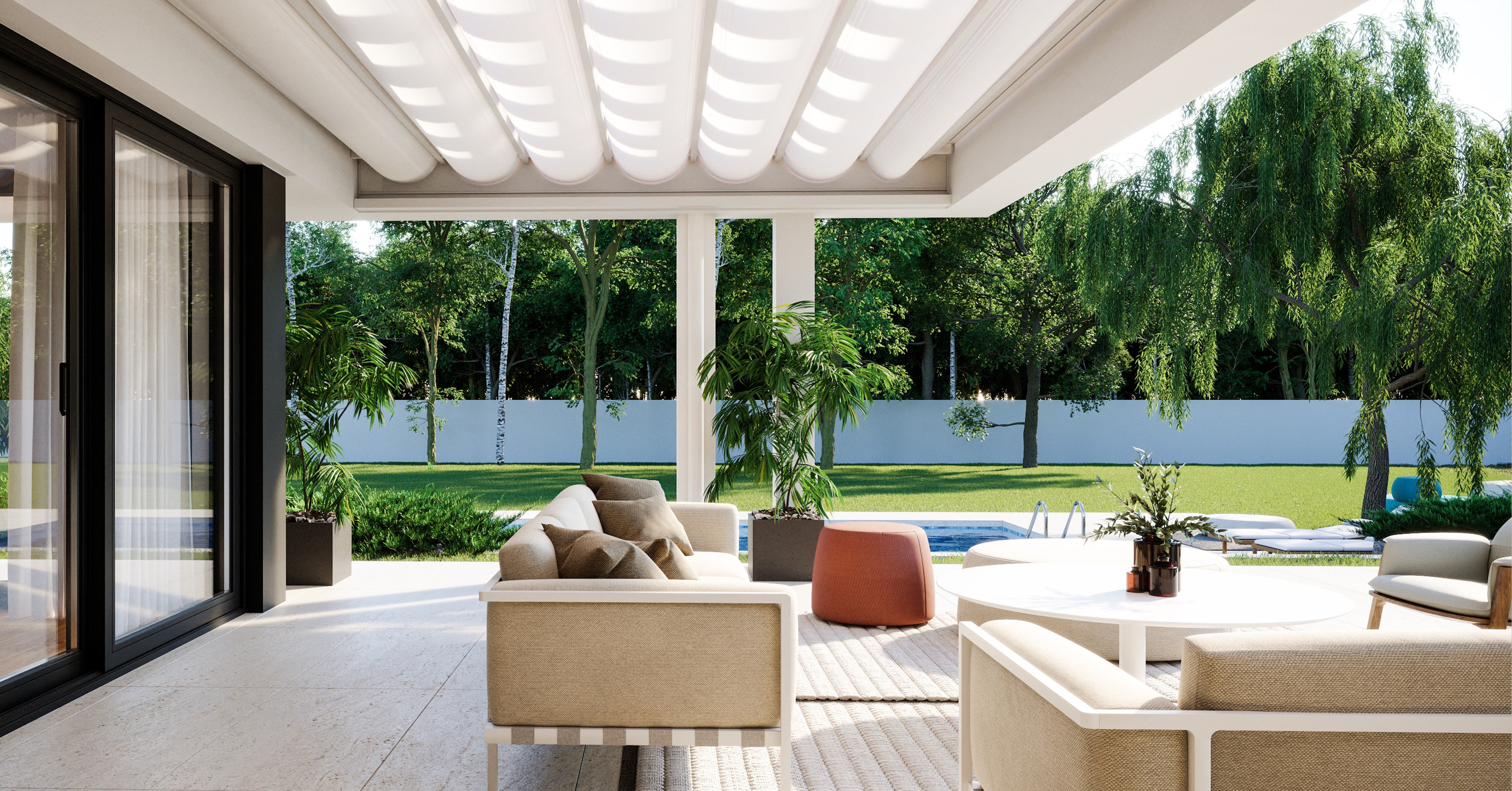 Flat Pergola aus dreischichtigem Protect-Stoff